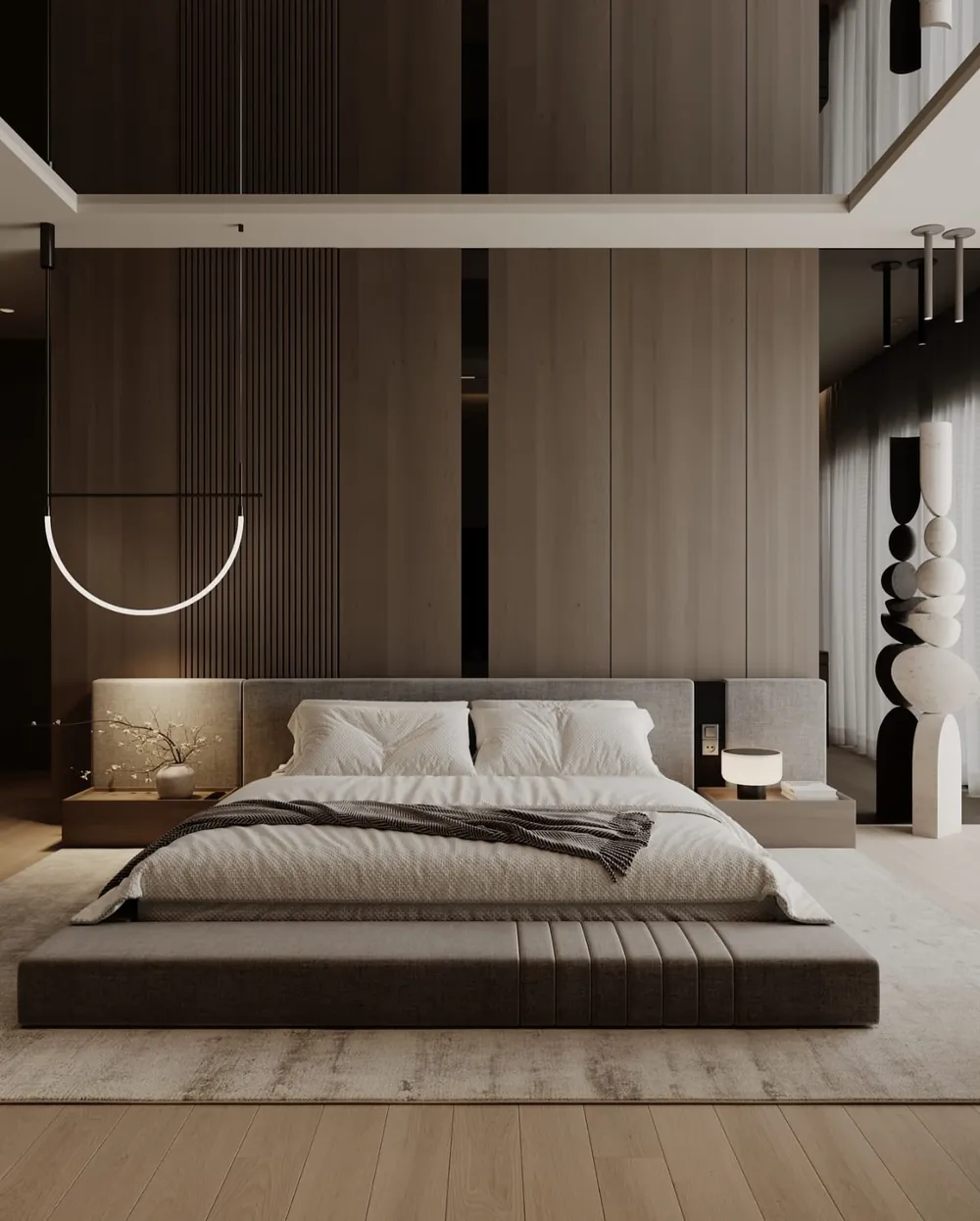 Chambre avec tête de lit en panneaux cannelés et rangements intégrés