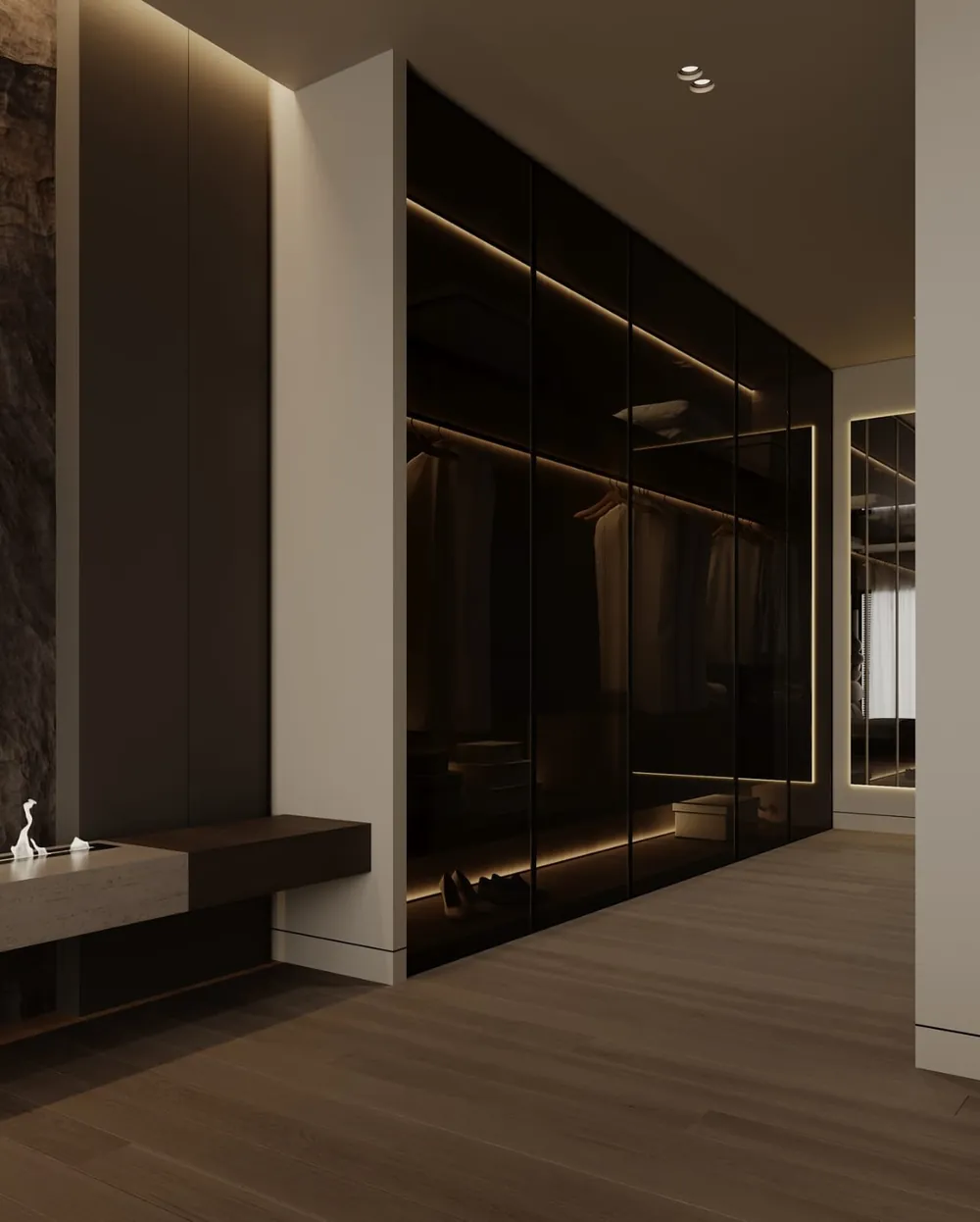 Dressing sur mesure en façades laquées avec éclairage de niches