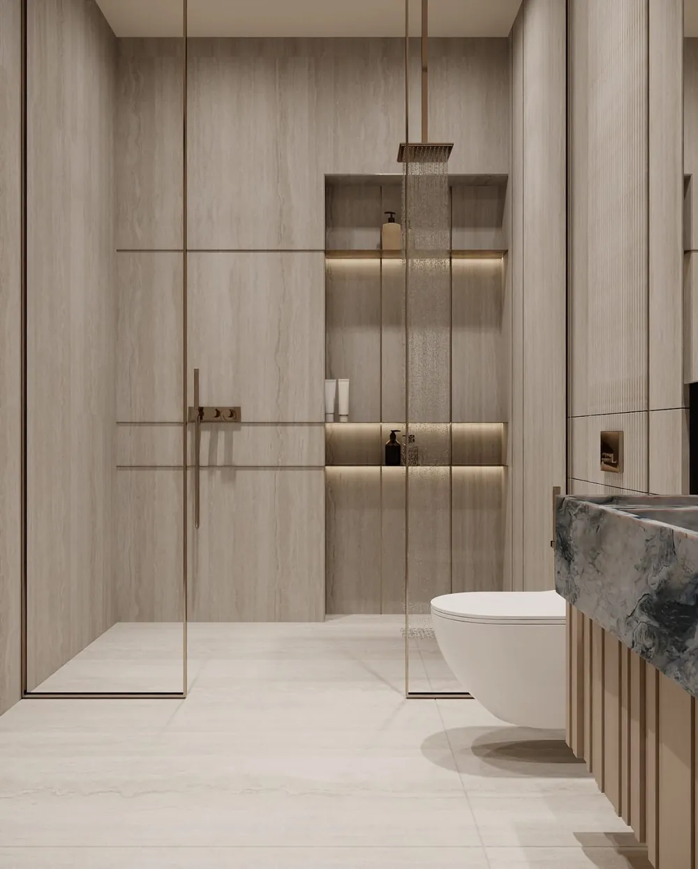 Salle d'eau en bois clair avec douche à l'italienne et meuble intégré