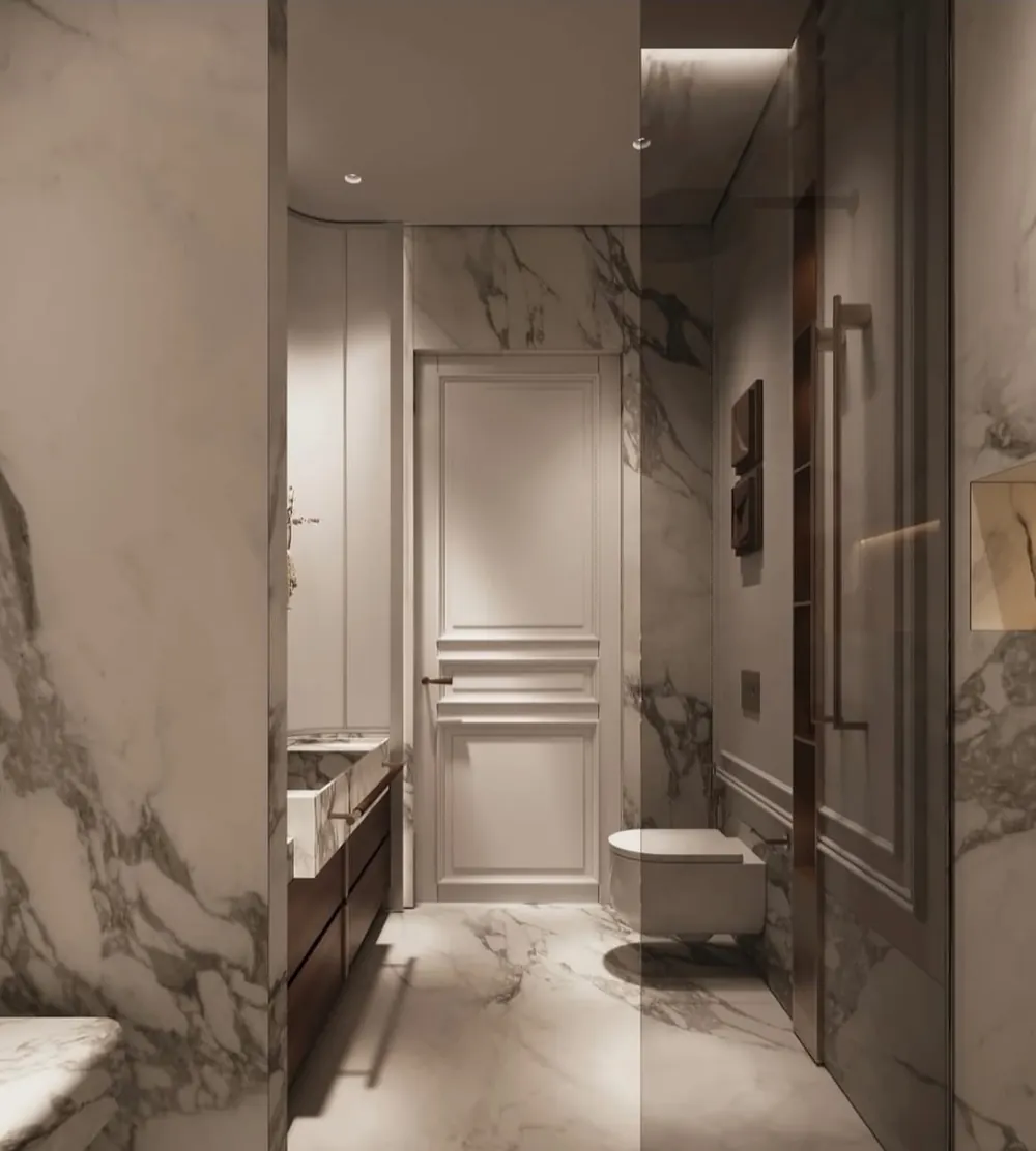 Salle de bains en marbre avec meuble suspendu sur mesure