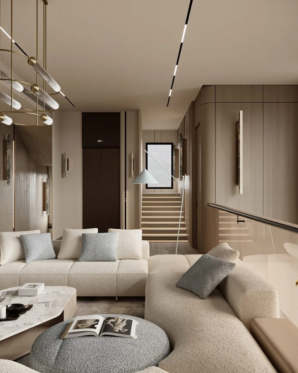 Séjour aménagé sur mesure, banquette, rangements toute hauteur et éclairage intégré