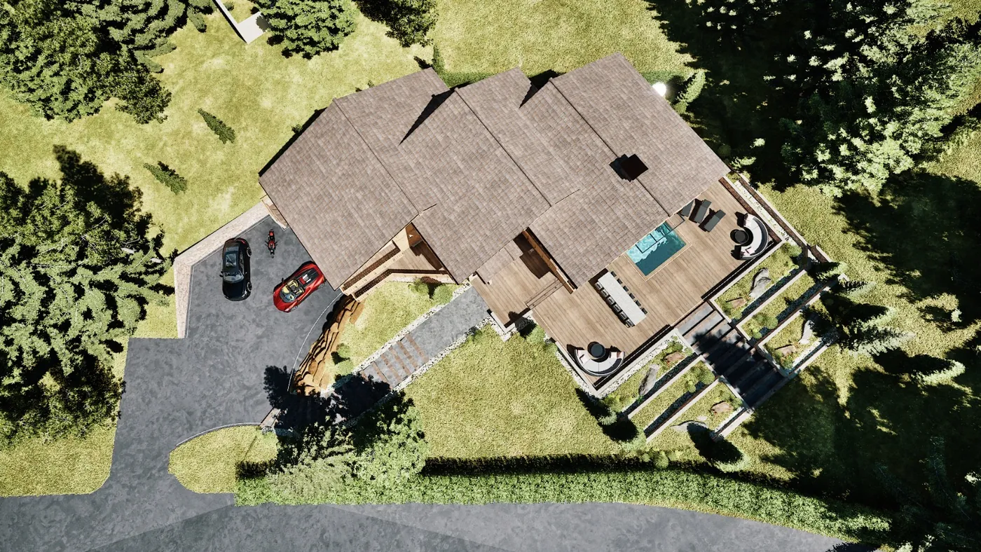 Vue aérienne du chalet de Megève, implantation sur la parcelle en pente