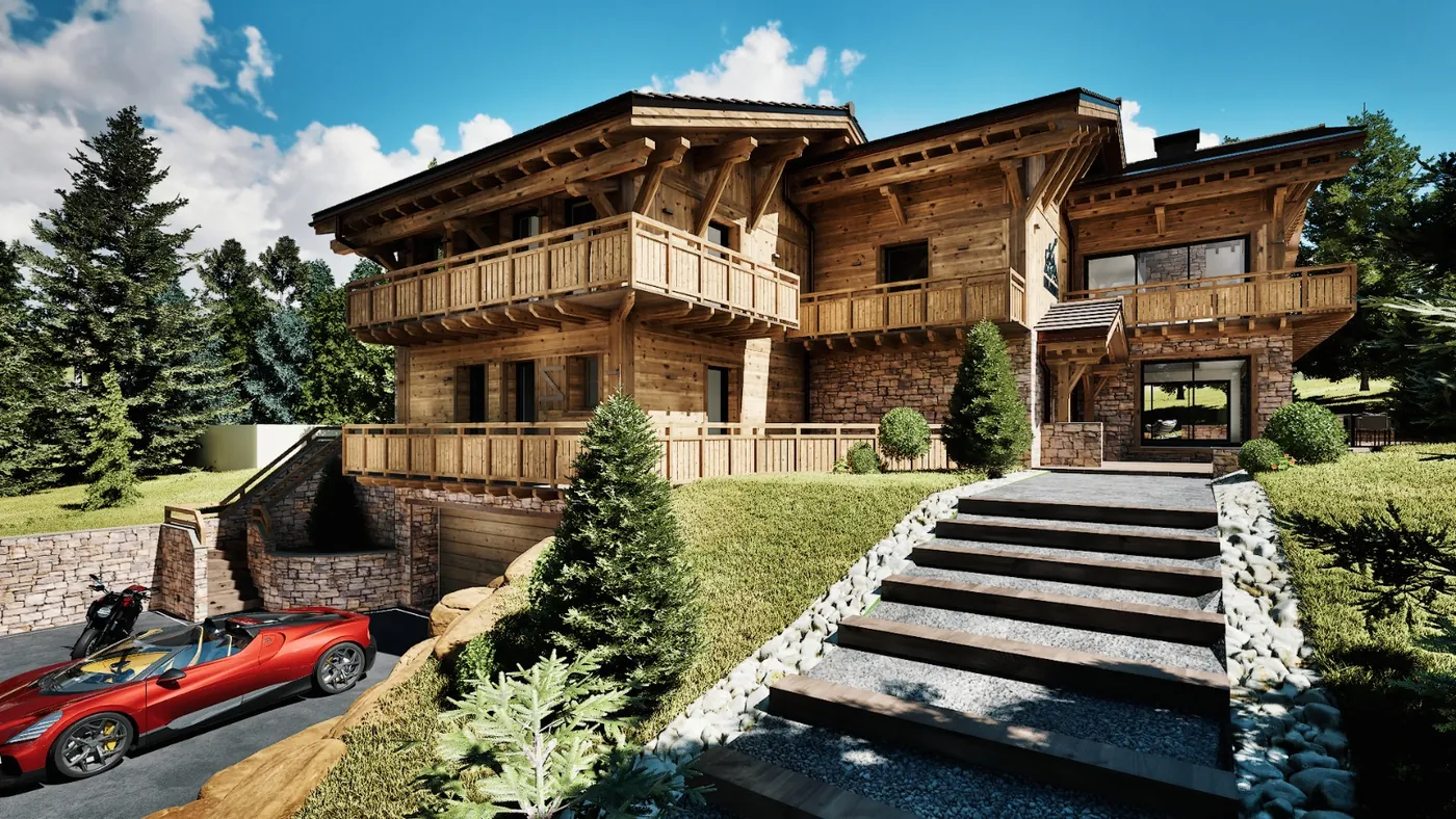Chalet de Megève, entrée et accès depuis l'allée, façade en vieux bois et pierre