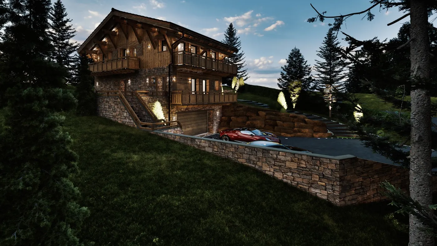 Chalet de Megève de nuit, façade éclairée et bassin