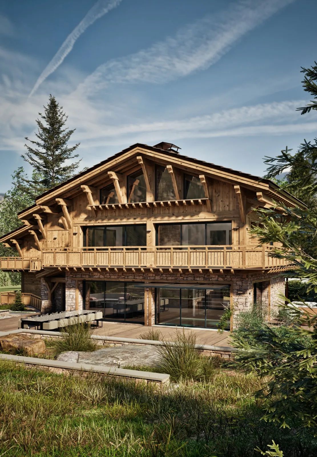 Pignon du chalet de Megève, charpente apparente et bardage en vieux bois