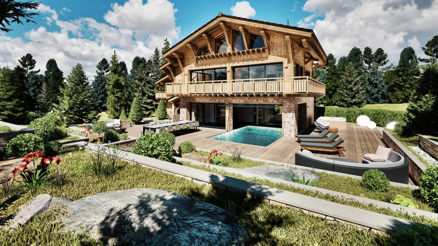 Chalet de Megève, terrasse et piscine ouvertes sur la vallée