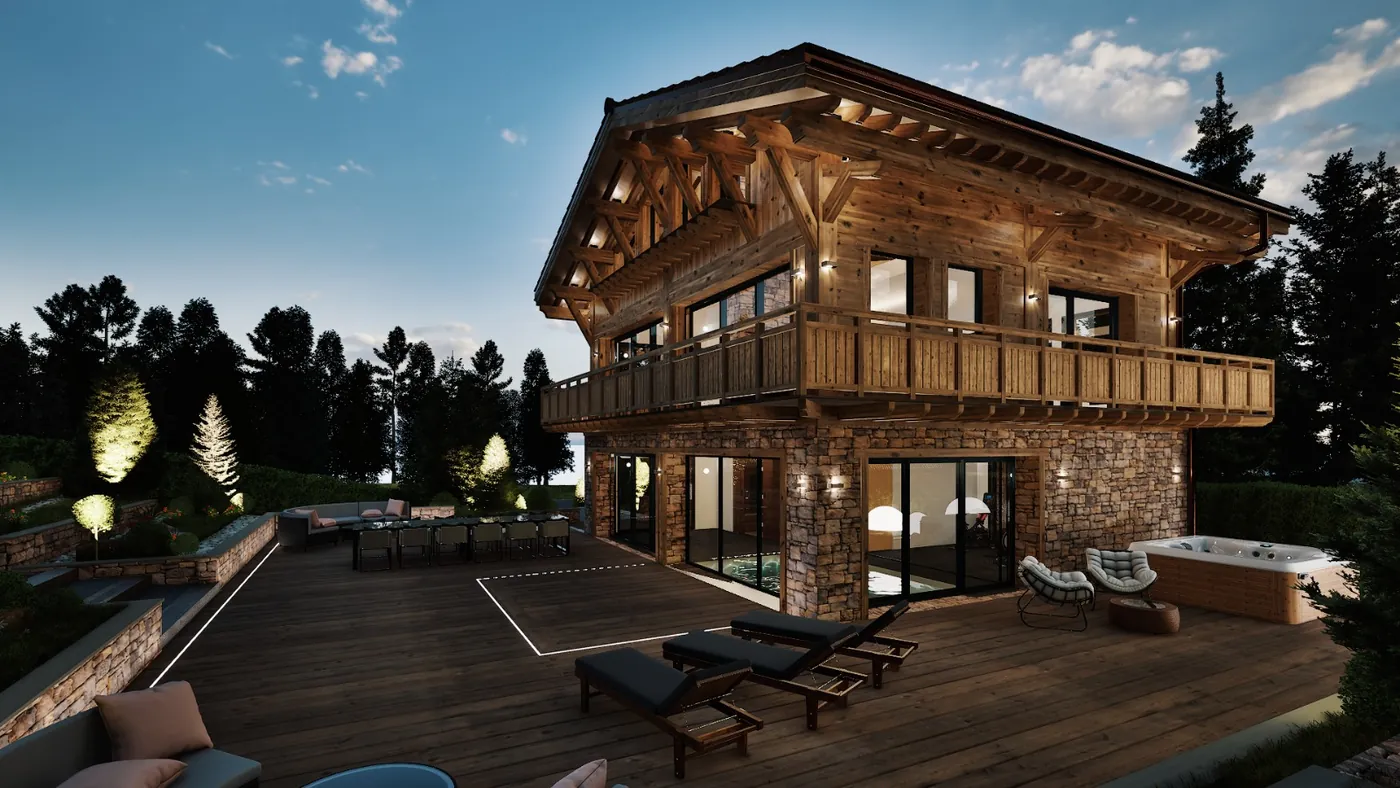 Terrasse en belvédère du chalet de Megève, éclairage de nuit