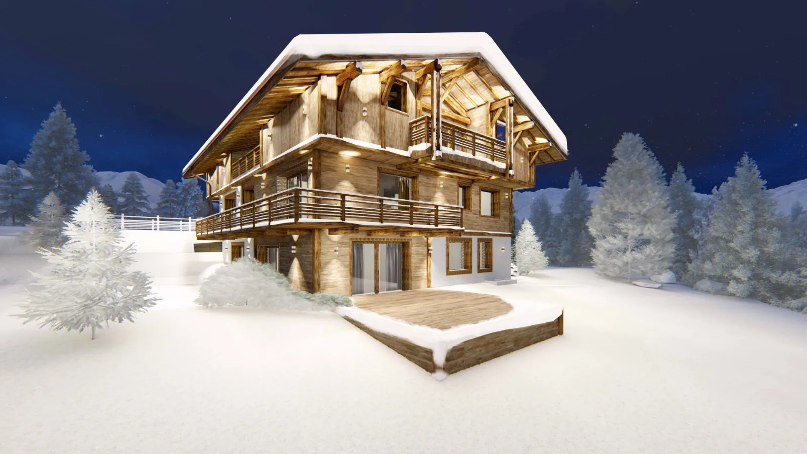 Chalet Signature à Valmorel, façade en vieux bois et pierre, vue de nuit sous la neige