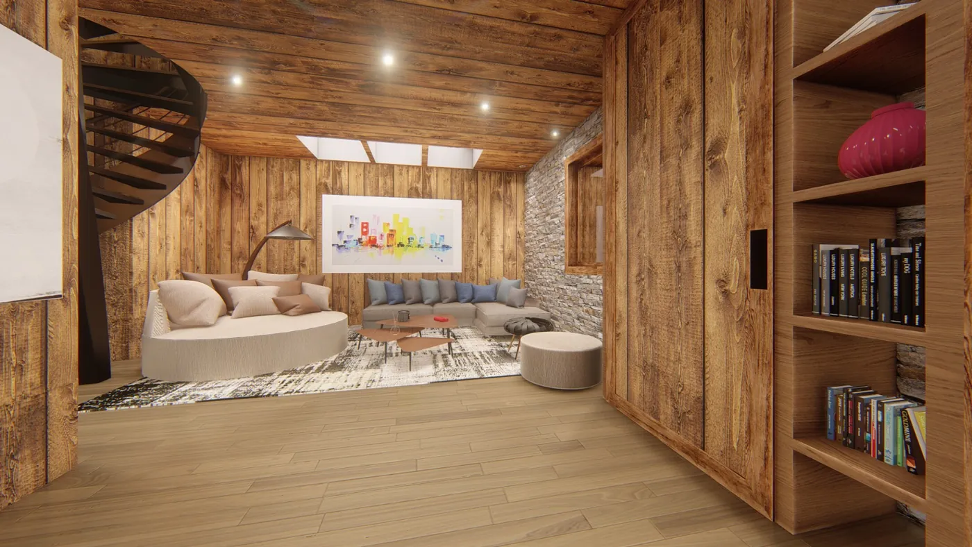 Espace lounge du chalet de Valmorel avec escalier hélicoïdal
