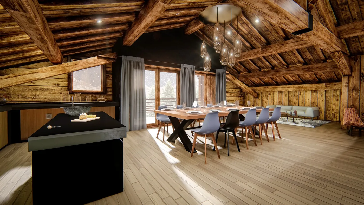 Salle à manger du chalet de Valmorel sous charpente apparente