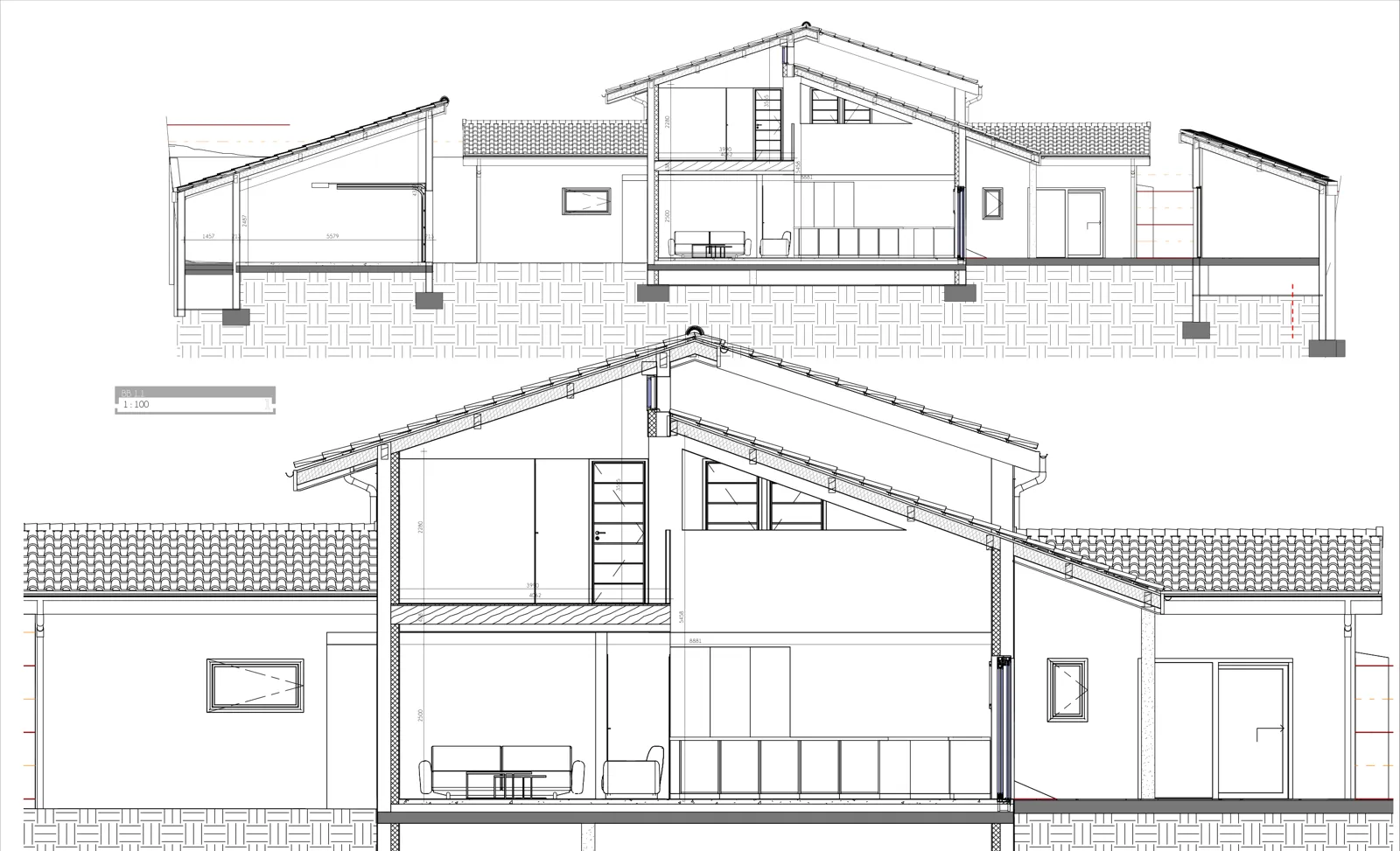 Coupes d'une maison implantée dans une forte pente à Charnay