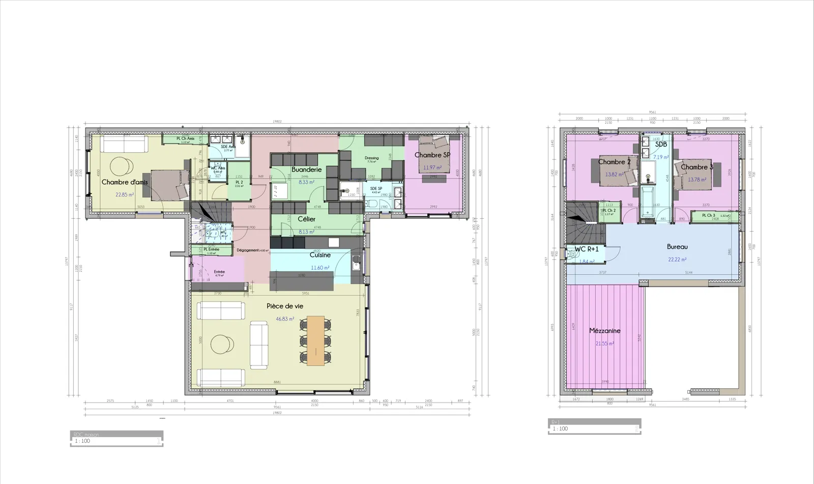 Plans du rez-de-chaussée et de l'étage d'une maison à Charnay