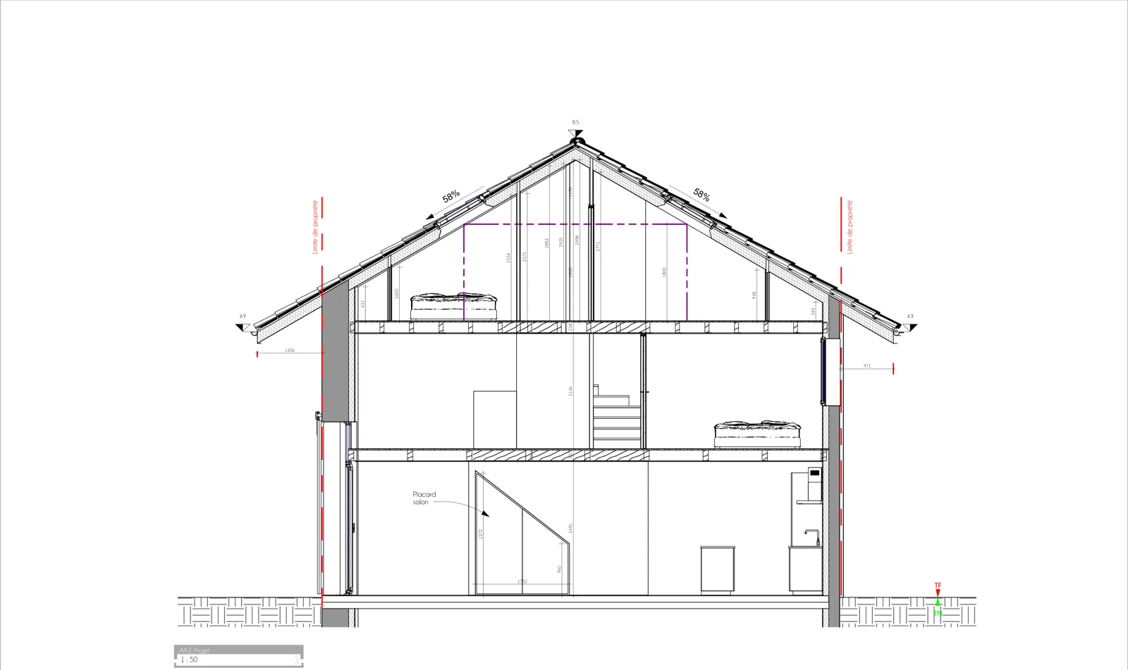 Coupe du projet de rénovation de la ferme d'Entrelacs sur trois niveaux