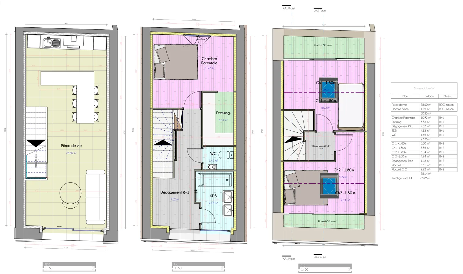 Plans des trois niveaux du logement créé dans la ferme d'Entrelacs