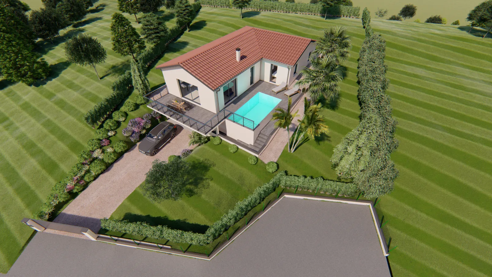Vue 3D aérienne d'une maison avec piscine à Saint-Just-la-Pendue