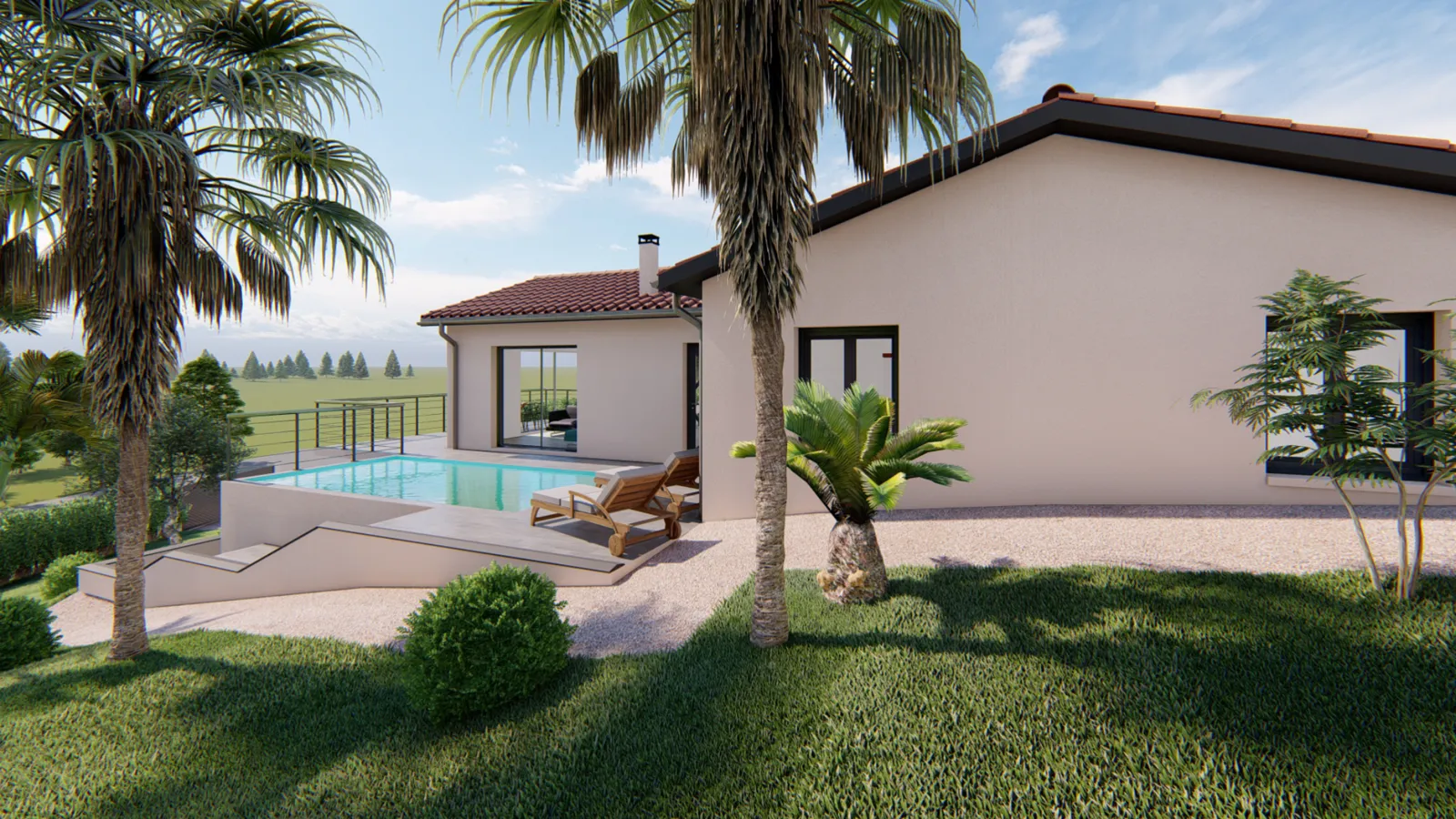 Image 3D de la terrasse et de la piscine