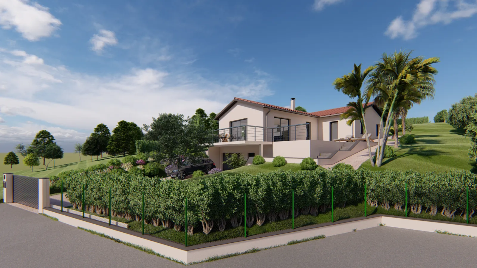 Image 3D de la maison depuis la rue, garage en partie basse