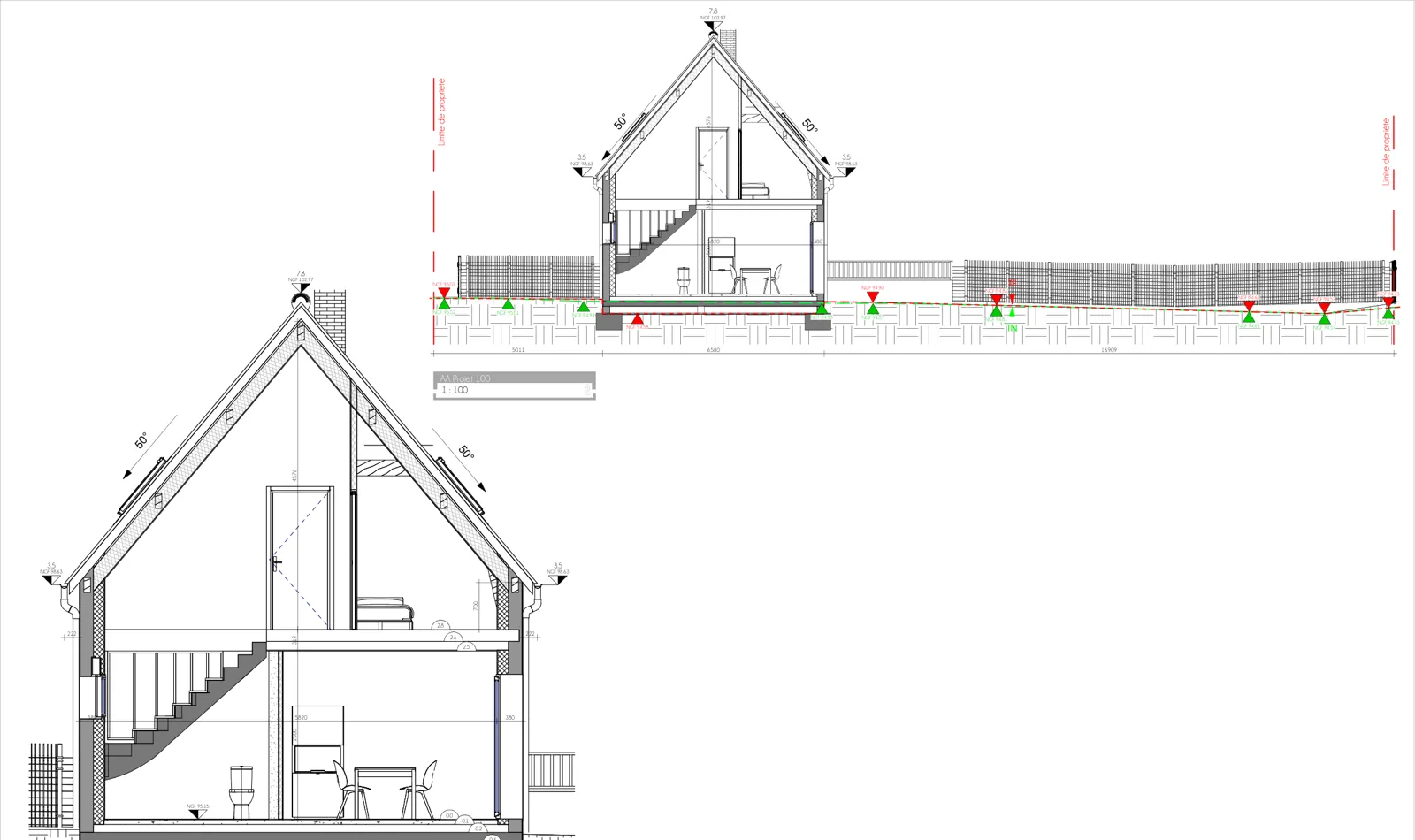 Coupes d'une maison neuve avec combles aménagés sous toiture à 50°