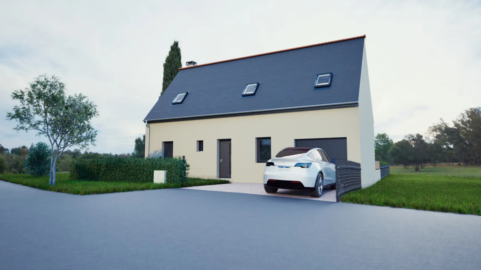Image 3D de la maison côté entrée, avec le garage accolé