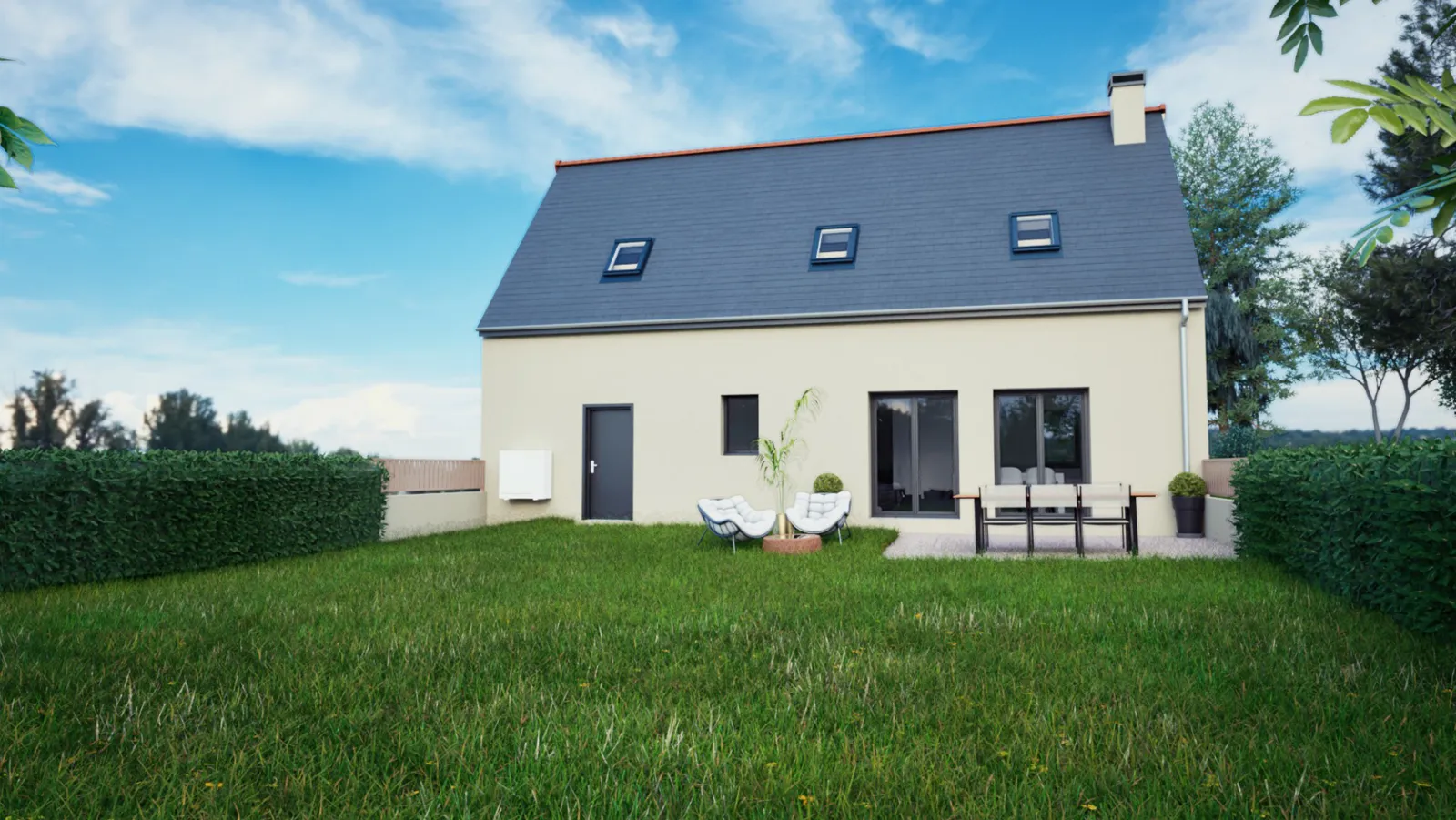 Image 3D d'une maison neuve en ardoise à Parthenay-de-Bretagne, côté jardin