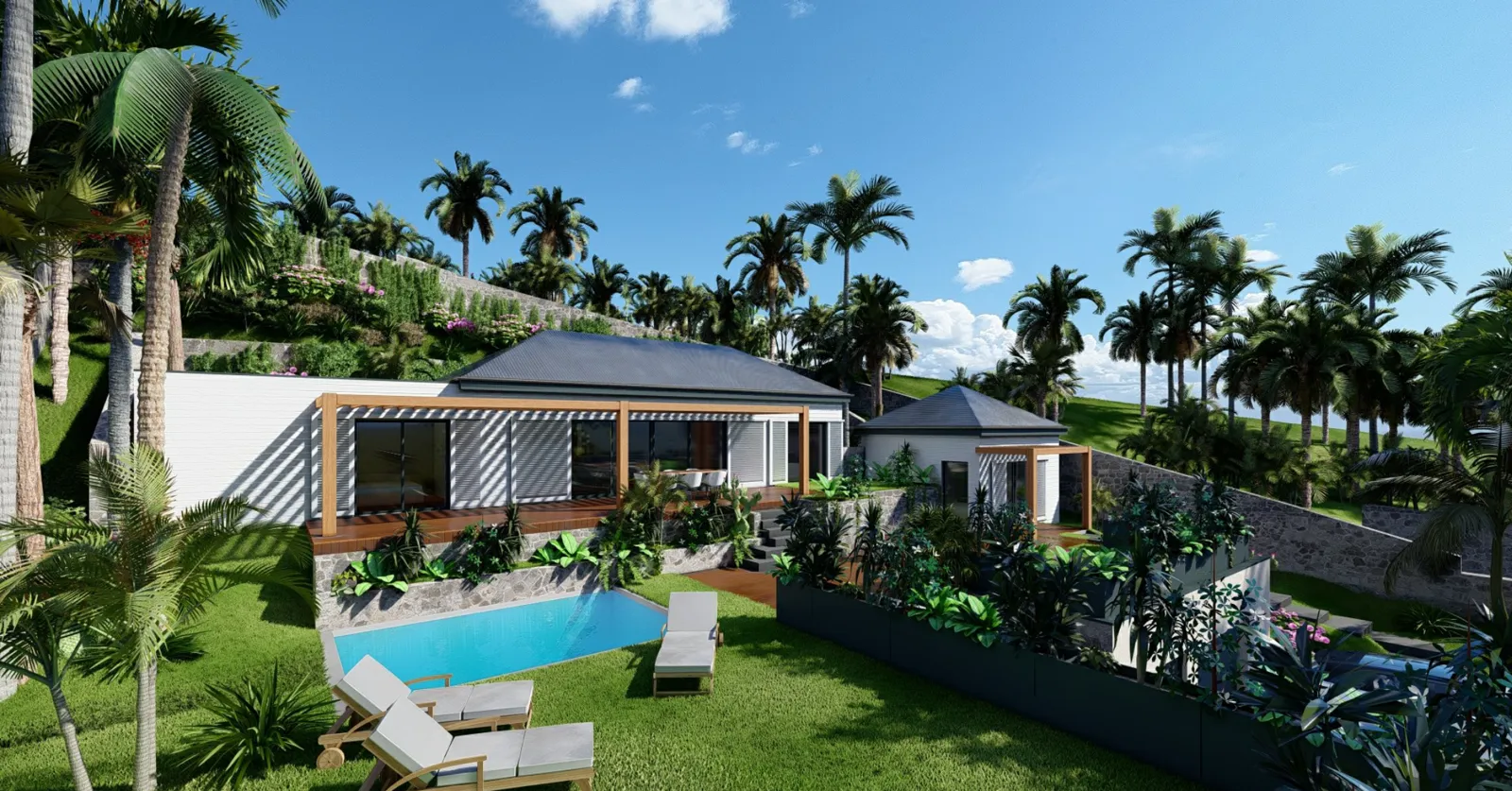 Image 3D d'une maison avec piscine et bungalow à Saint-Barthélemy