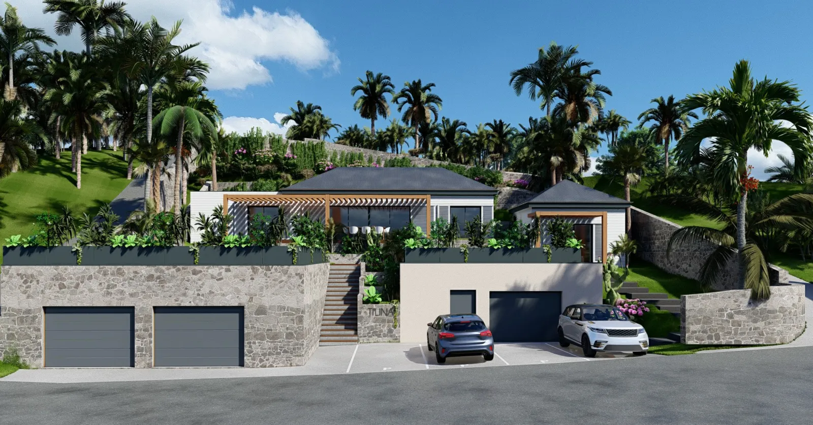 Image 3D de la maison depuis la rue, garages en soubassement sous toiture végétalisée