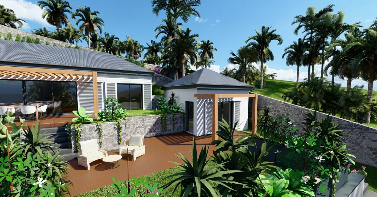Image 3D de la terrasse bois entre la maison et le bungalow