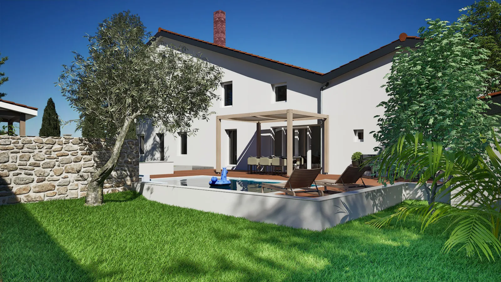 Image 3D du jardin et de la pergola devant la maison existante