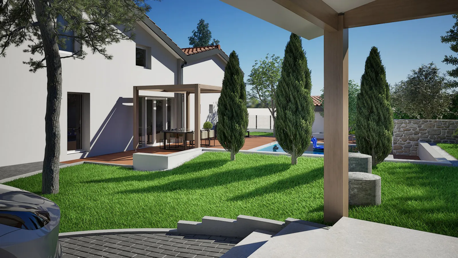 Image 3D du jardin vu depuis l'abri, avec cyprès et pelouse