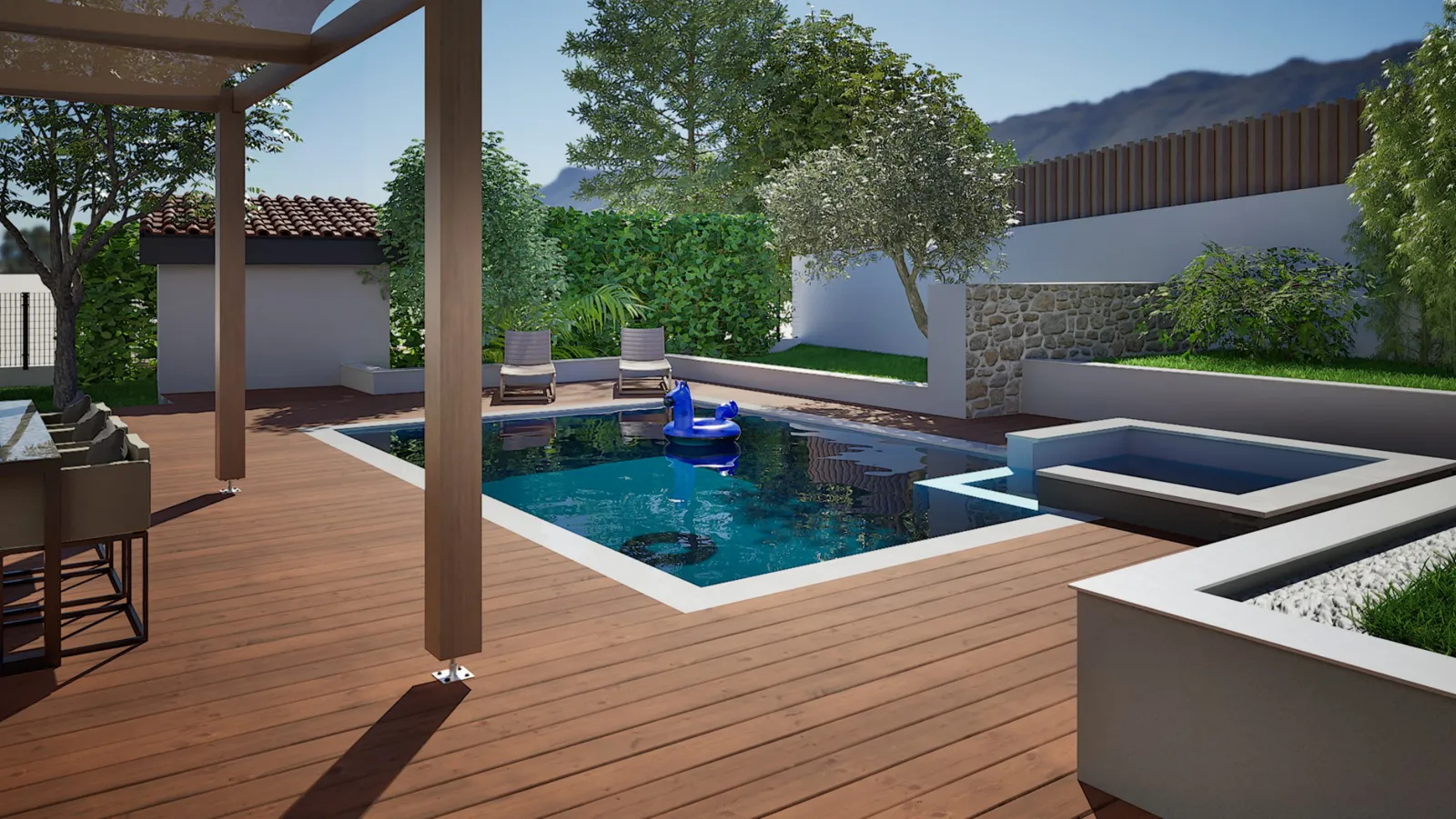 Image 3D d'une piscine avec terrasse en bois et pergola à Sathonay-Village